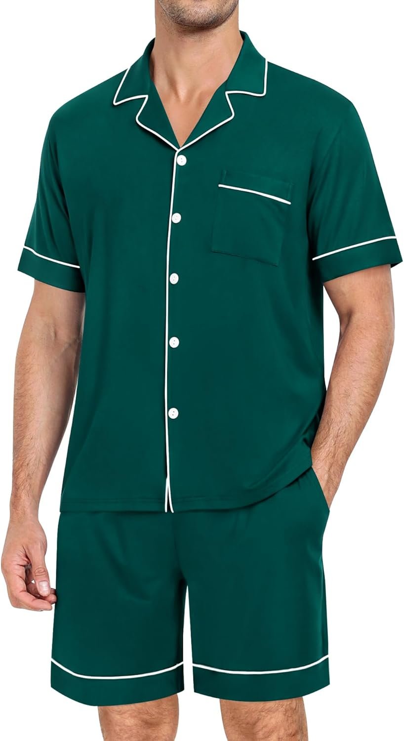 Mens Pajama Set Short Sleeve 2 PCS Sleepwear Button Down Soft Loungewear Modal Set Pj Set with Pockets S-3XL