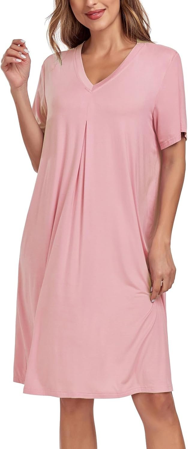 Women Nightgown Soft Short Sleeve Nightshirt V Neck Loose Fit Sleep Tshirt Lounge House Dress - Image 2