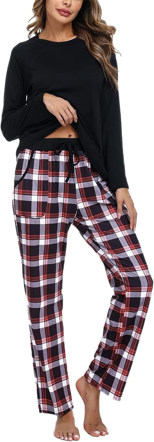Women Plaid Pajamas Sets Cotton 2 Piece Long Sleeve Pjs Lounge Sets with Pockets