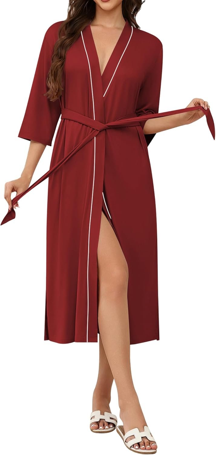 Robes for Women Long Knit Bathrobe Lightweight 3/4 Sleeves Kimono Robe Soft Sleepwear with Pockets S-XXL