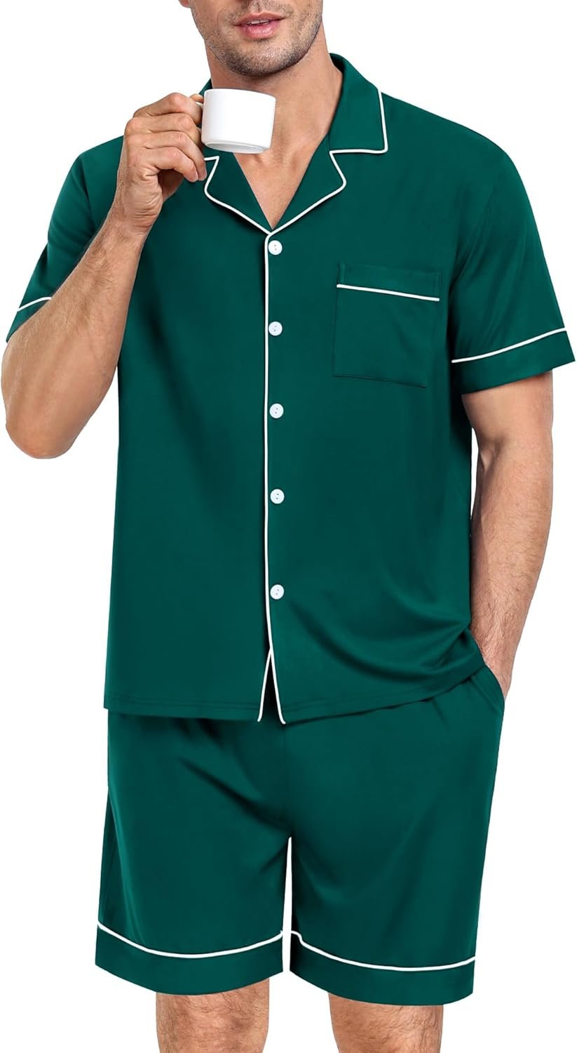 Mens Pajama Set Short Sleeve 2 PCS Sleepwear Button Down Soft Loungewear Modal Set Pj Set with Pockets S-3XL - Image 2