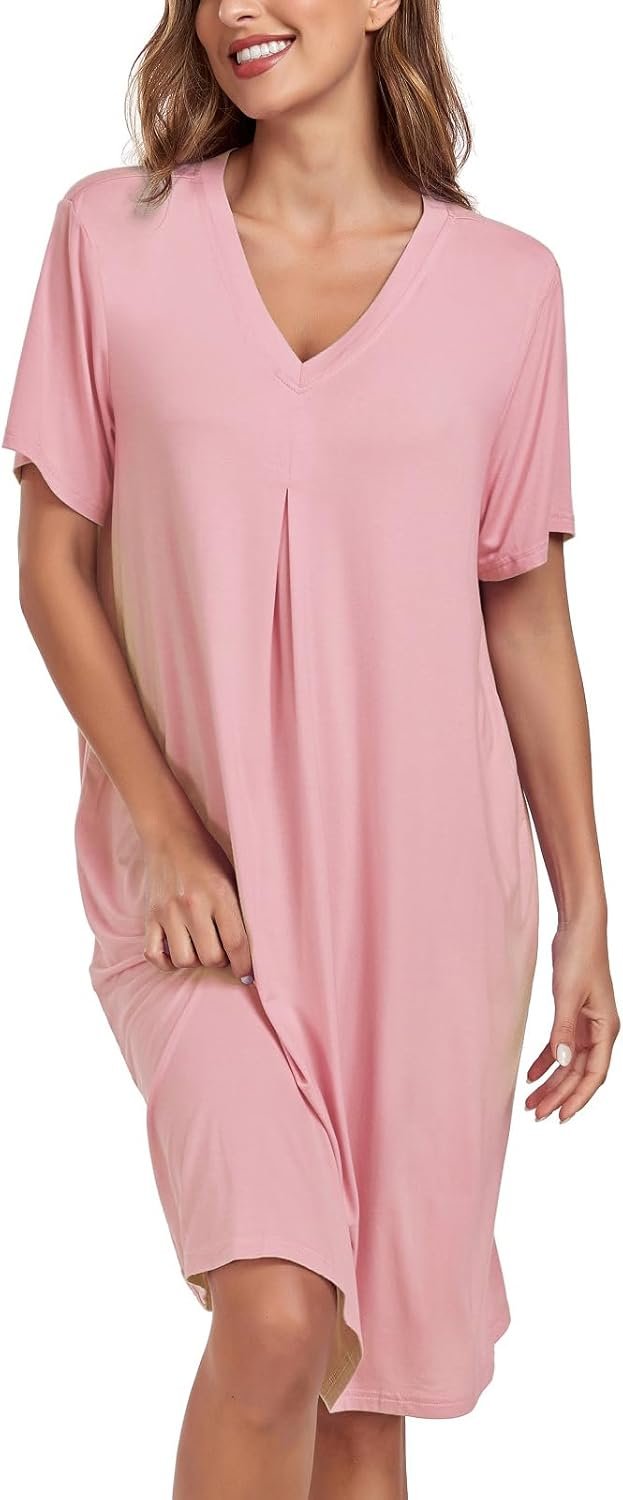 Women Nightgown Soft Short Sleeve Nightshirt V Neck Loose Fit Sleep Tshirt Lounge House Dress