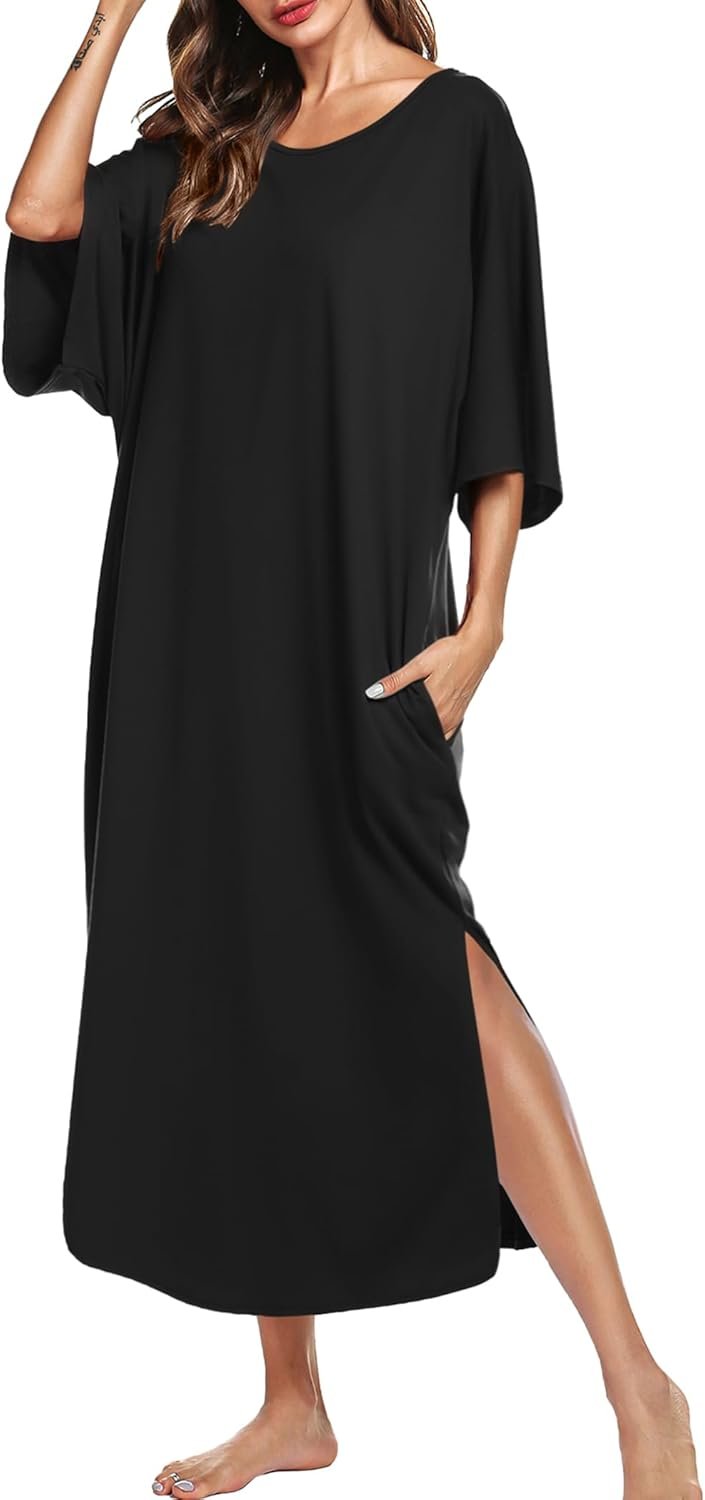 Women Nightgown Short Sleeve Sleepshirt Long Loungewear Casual Maxi Lounge Dress House Dresses with Pockets
