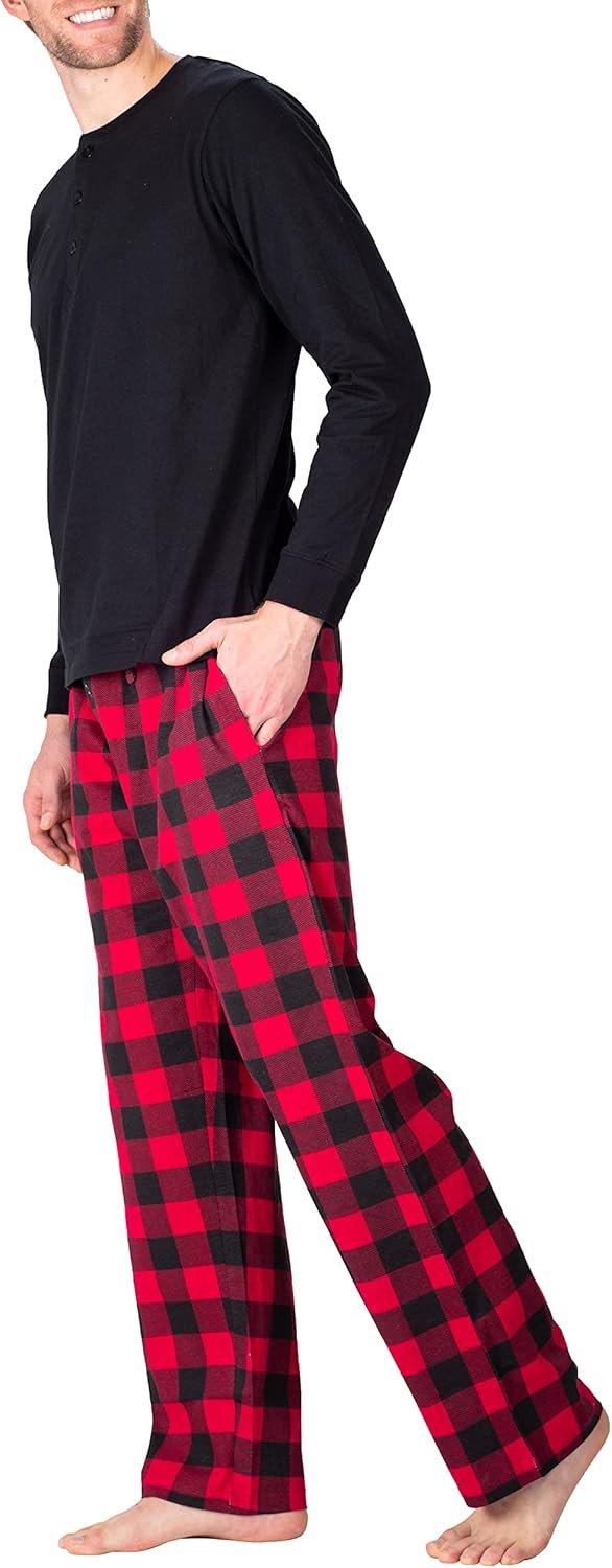 Men’s Pajama Set Pajamas For Men 2 Piece PJ Set with Cotton Knit Men Pajama Pants and Long Sleeve Henley T-Shirt - Image 2