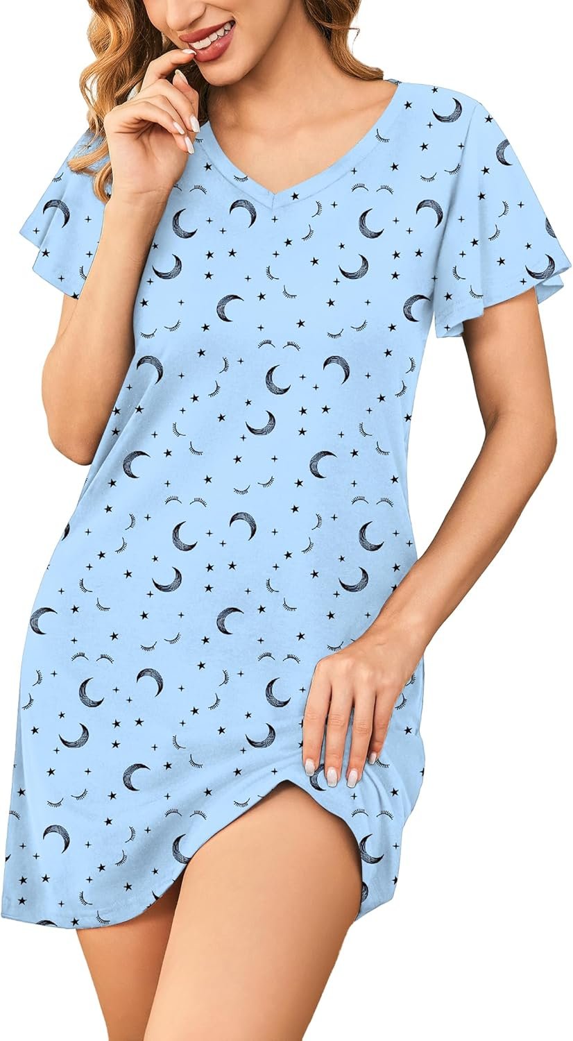 Women Cotton Nightgowns Soft Short Sleeve Sleep Shirts Printed Night Shirts Night Dress