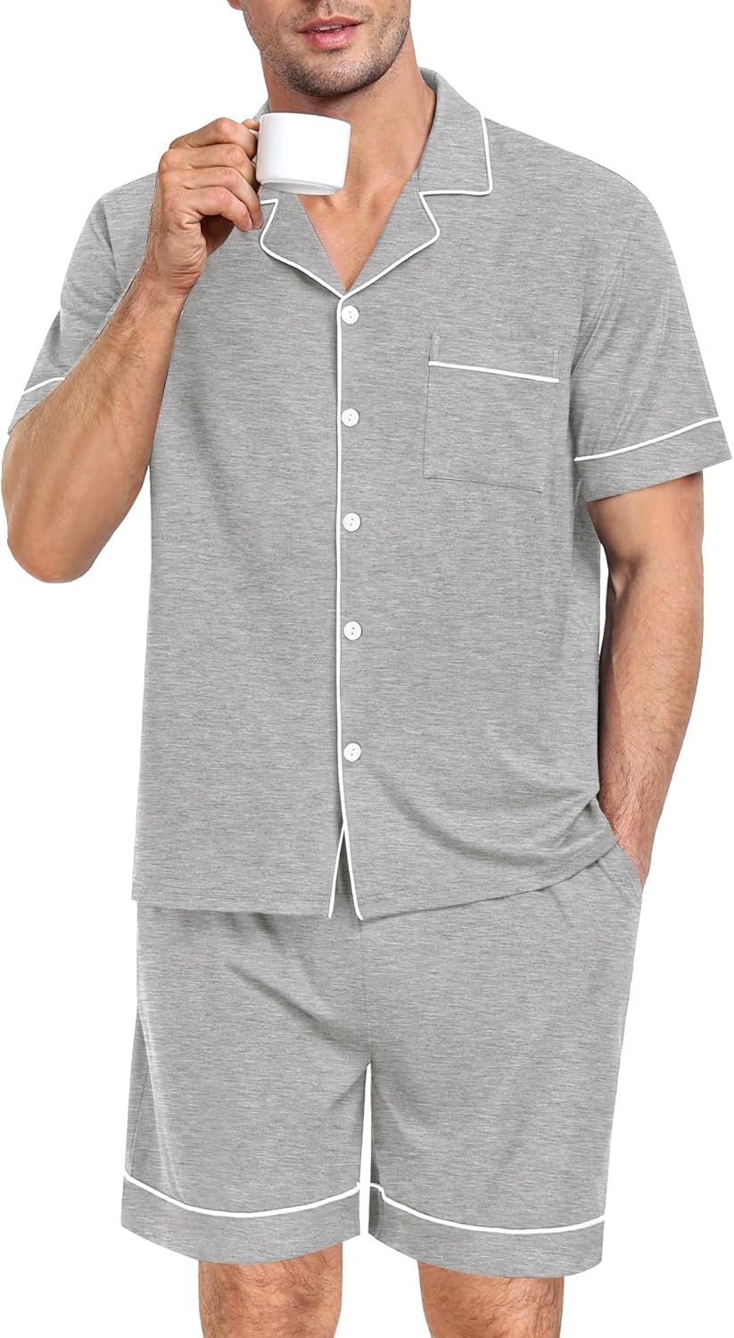 Mens Pajama Set Short Sleeve 2 PCS Sleepwear Button Down Soft Loungewear Modal Set Pj Set with Pockets S-3XL - Image 2