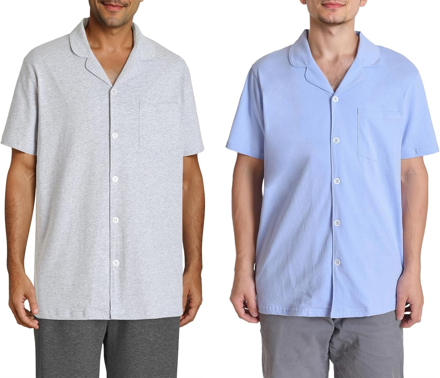Men's Cotton Knit Sleep Shirt Button Down Pajama Top 2 Pack