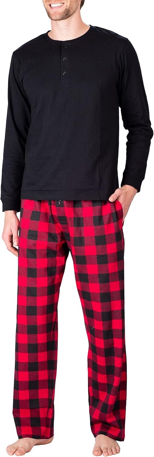 Men’s Pajama Set Pajamas For Men 2 Piece PJ Set with Cotton Knit Men Pajama Pants and Long Sleeve Henley T-Shirt