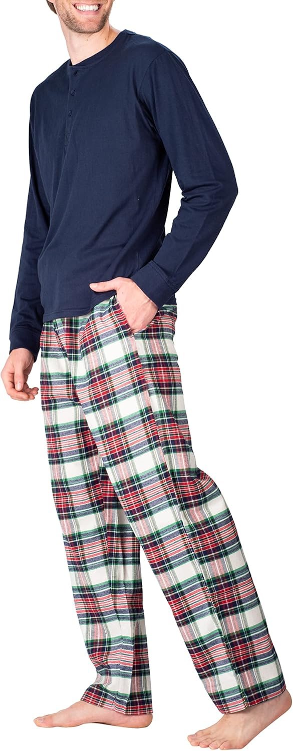 Men’s Pajama Set Pajamas For Men 2 Piece PJ Set with Cotton Flannel Men Pajama Pants and Long Sleeve Henley T-Shirt - Image 2