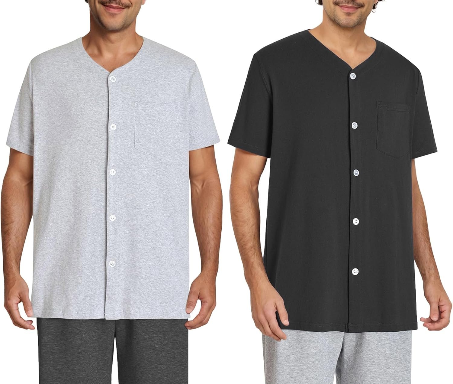 Men's Button Up Pajama Shirt Cotton Sleep Top 2 Pack