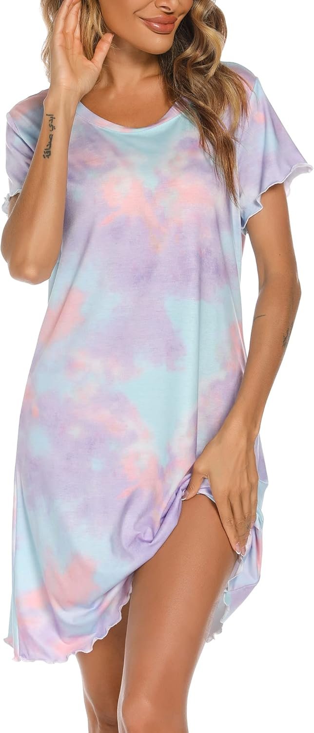 Women Short Sleeve Sleepshirt Scoopneck Cute Nightdress Ruffle Comfy Nightgown