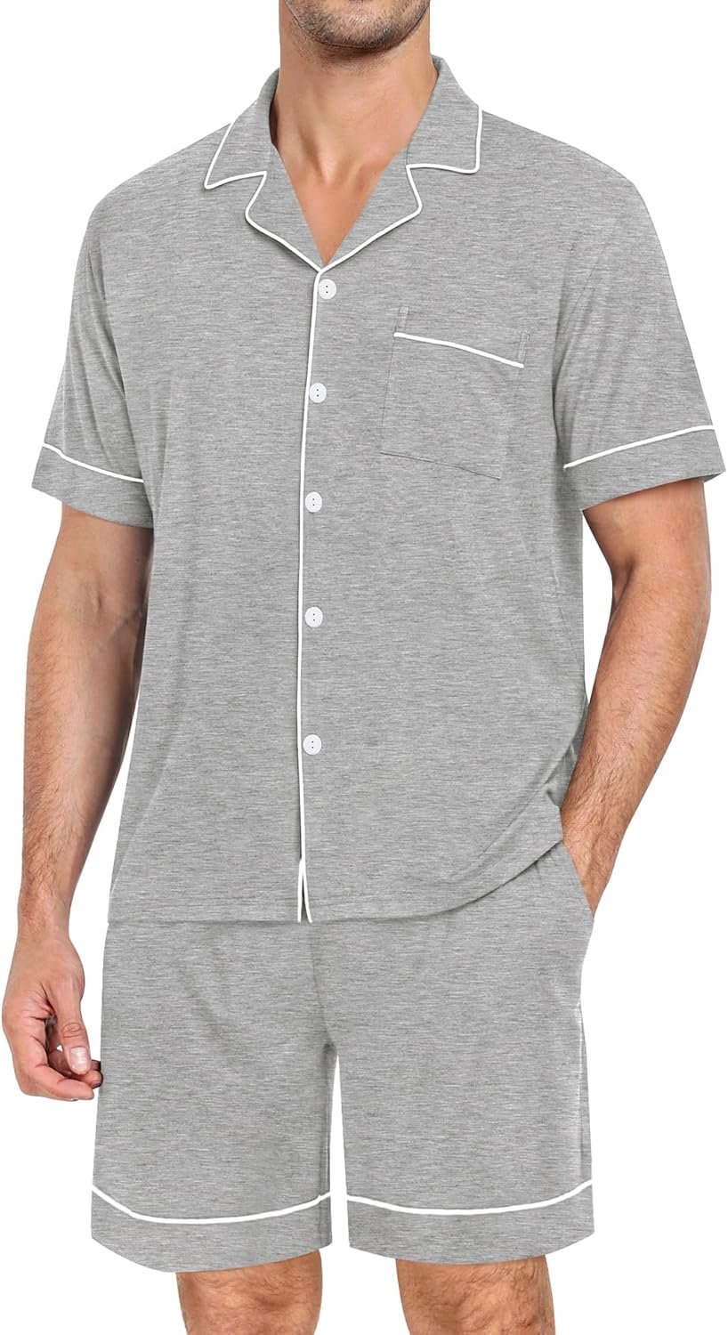 Mens Pajama Set Short Sleeve 2 PCS Sleepwear Button Down Soft Loungewear Modal Set Pj Set with Pockets S-3XL