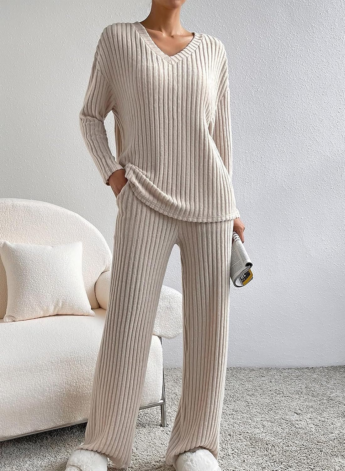 Women's Pajama Sets Long Sleeve Short Sleeve 2 Piece Lounge Sets Ribbed Knit Sweater Sleepwear - Image 2